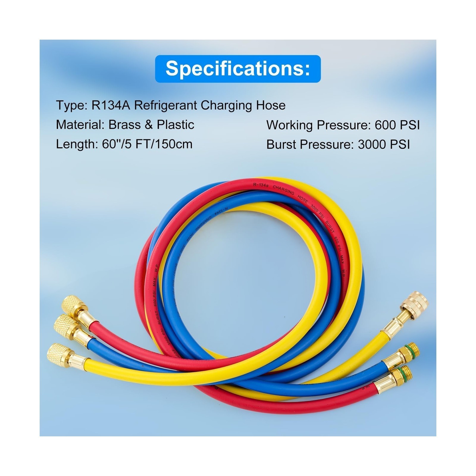 A/C Charging Hose Kit – 5ft R134A – 1/2″ SAE – 3 Colored – 1Set