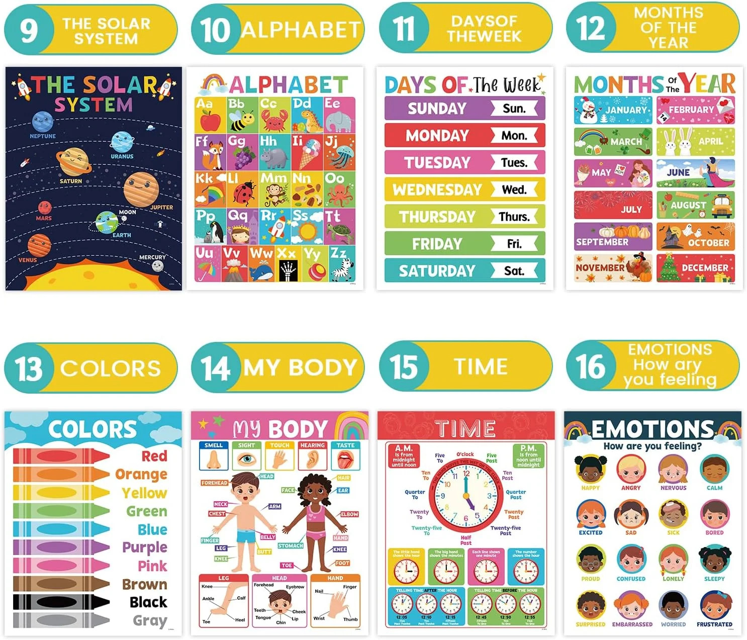 16PCS Classroom Educational Posters – Laminated Educational Posters For Toddlers