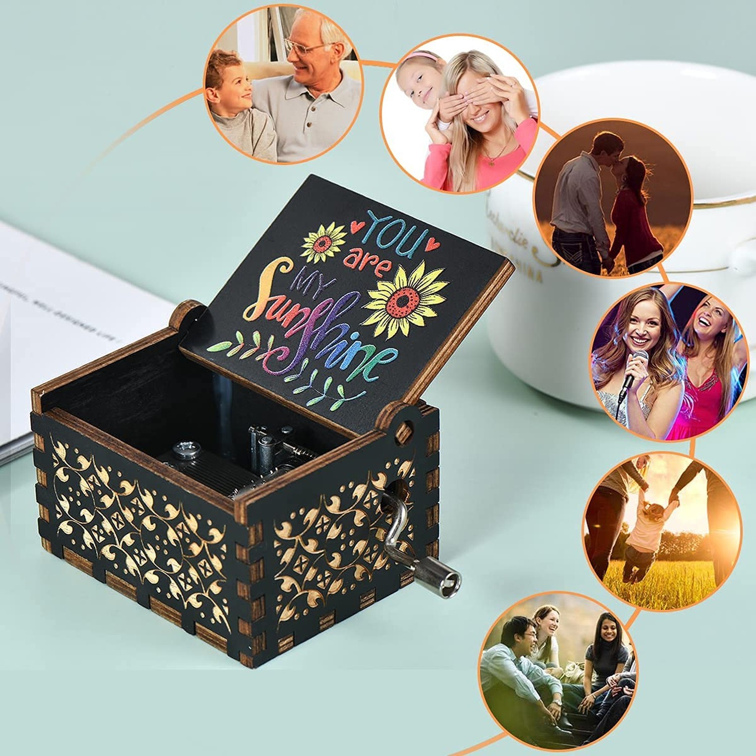 Wood Music Box, Wooden Hand Crank Musical Instrument with Melody You’re My