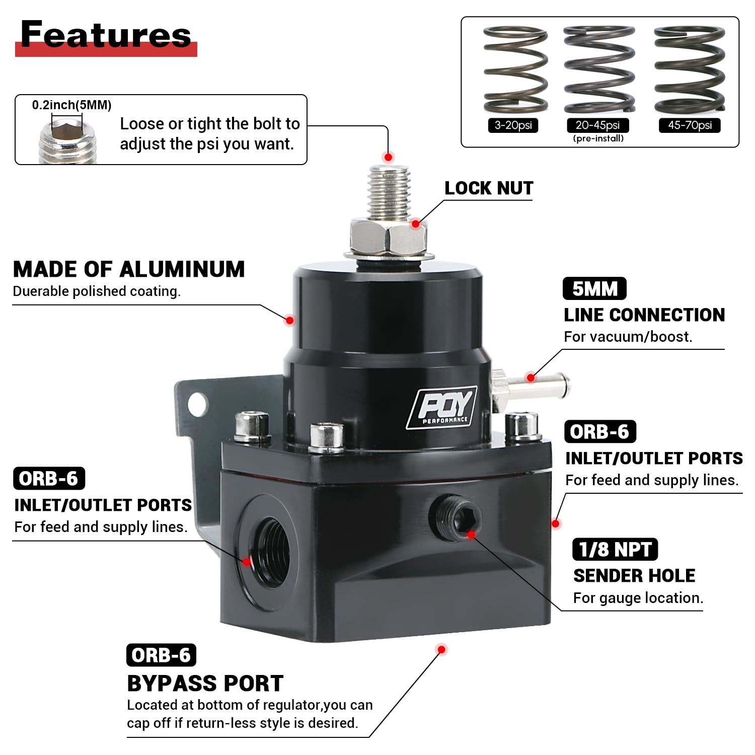 Adjustable Fuel Pressure Regulator Kit 3-70PSI 6AN Return Port 6AN Feed Port