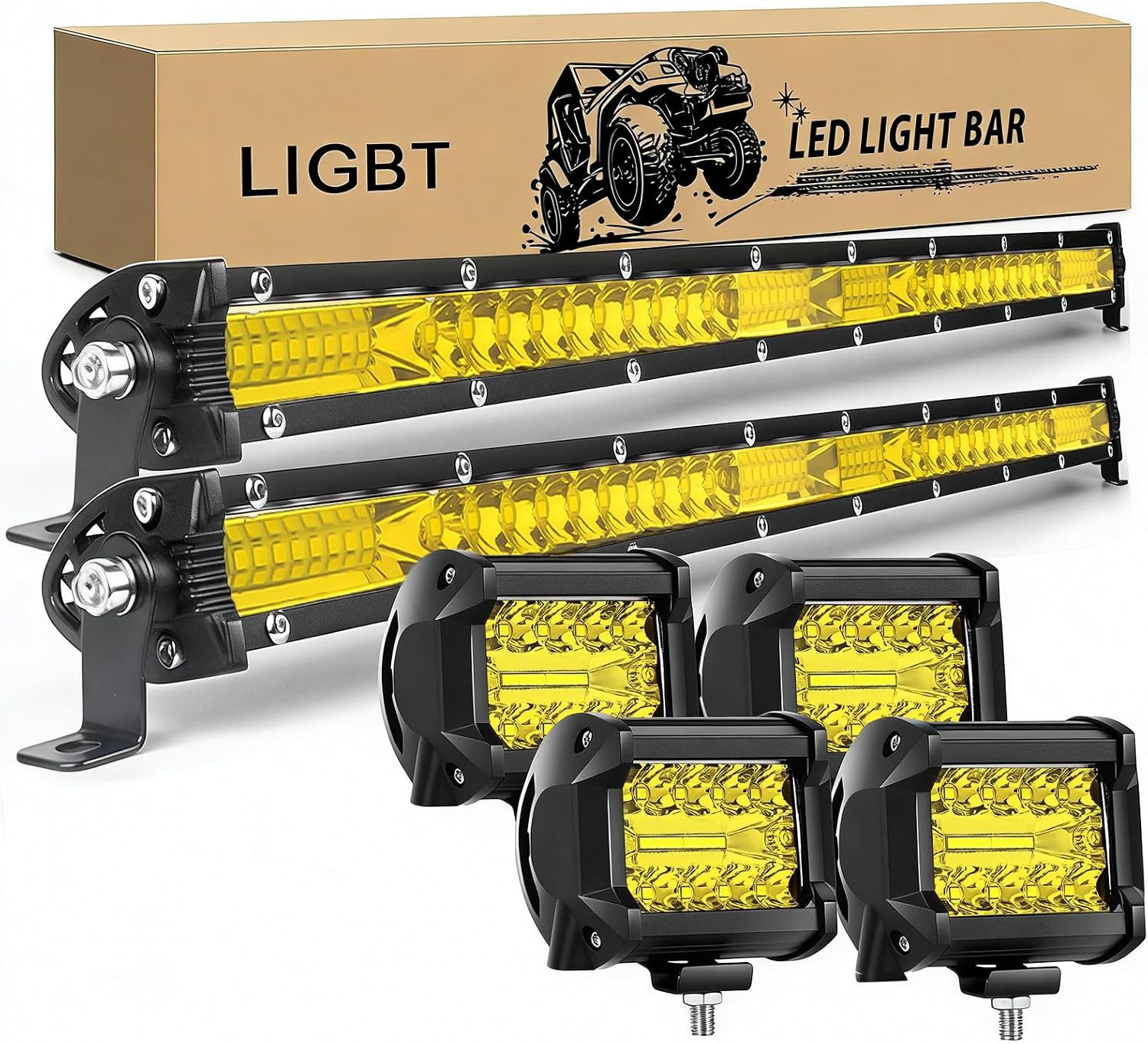 LED Light Bar Kits 21 Inch 204W Slim Light Bars 2PCS LED Pods 4Inch 60W (Amber 2