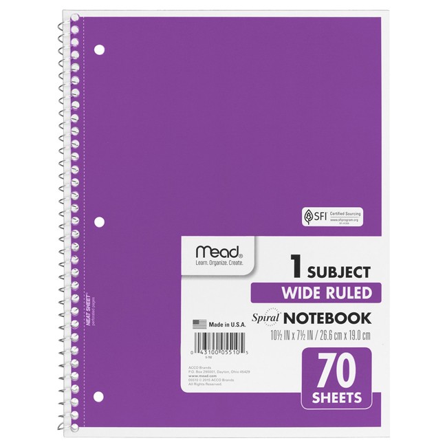 Mead Spiral 1-Subject Wide-Ruled Notebook, 1 Notebook, Purple