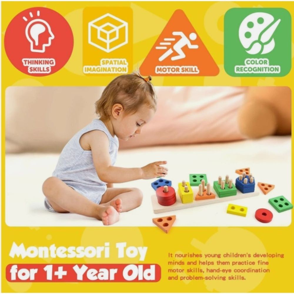 Multi-Color Wooden Puzzle for Kids Educational Montessori Toy Age 1-3 Cognitive