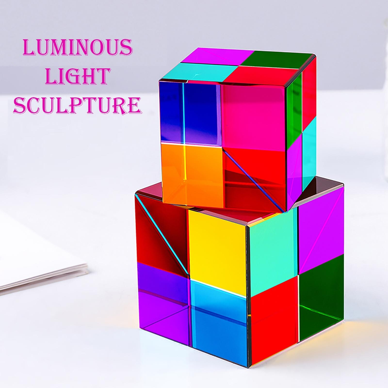 Rainbow Crystal Cubes Figurines Gifts Cube Glass Color Cube Prism for Home Decor