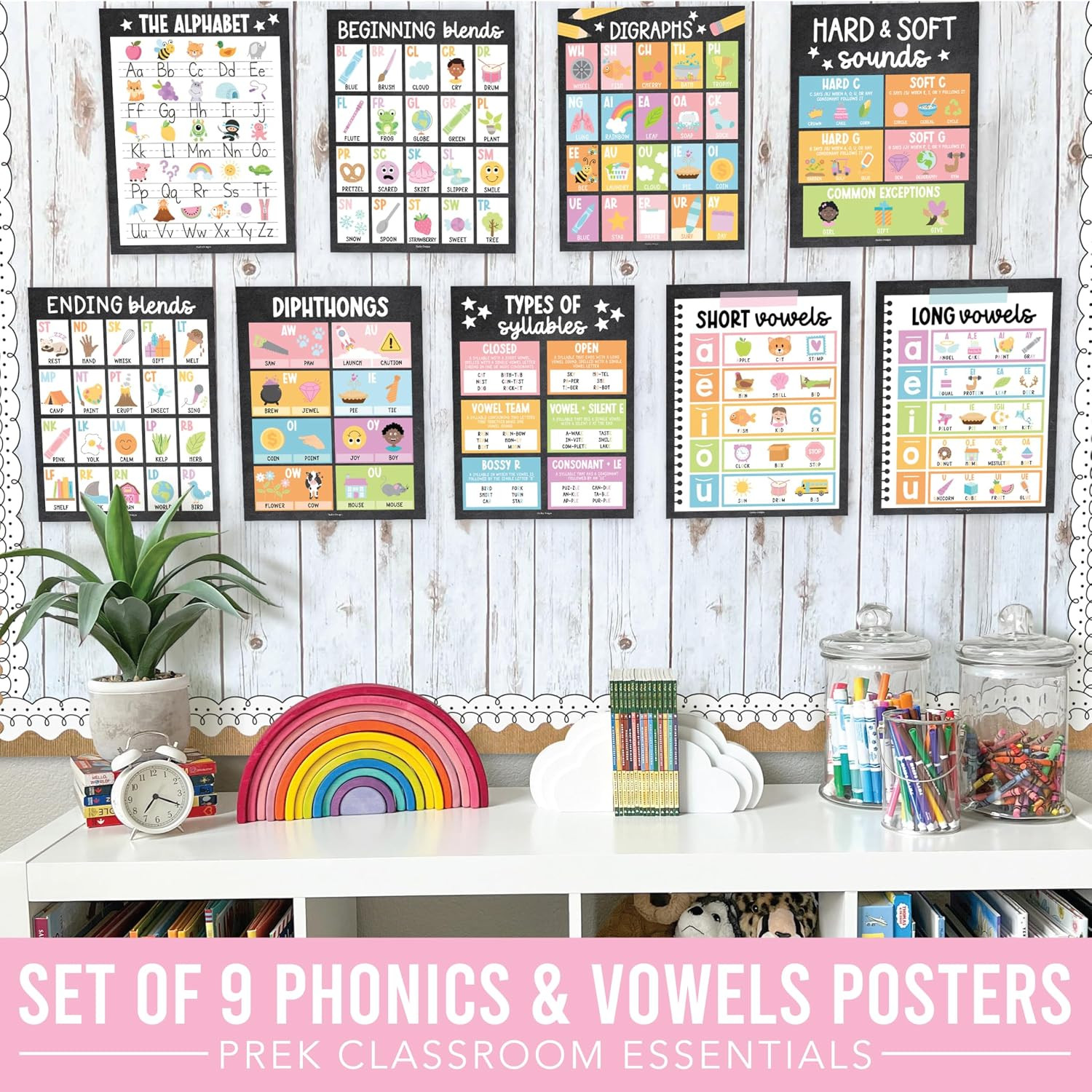 Phonics Posters for Classroom Must Haves – 9 Sound Wall for Kindergarten & Eleme