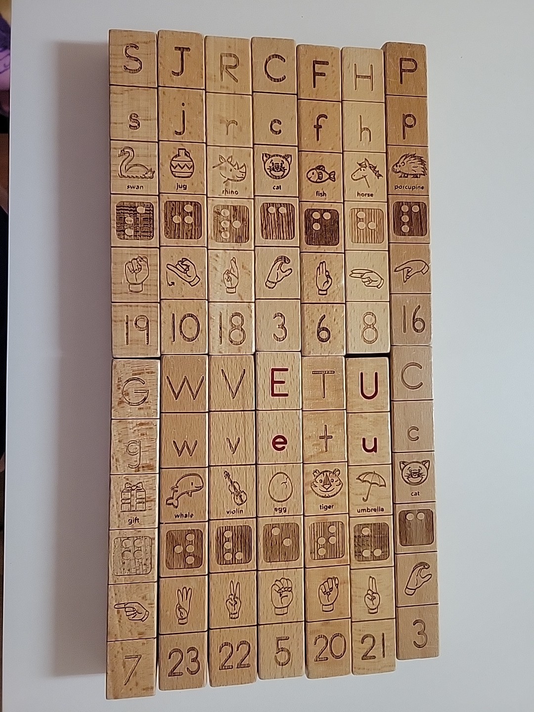 14 Pc Wood Block Stick Set, Alphabet, Numbers, Braille, ASL Sign Language,…