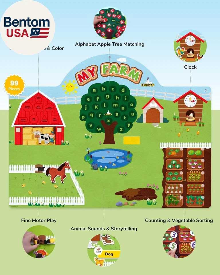 99 Pcs Farm Animals Felt Story Board Set, 3.9 Ft Preschool Farmhouse Barnyard Th