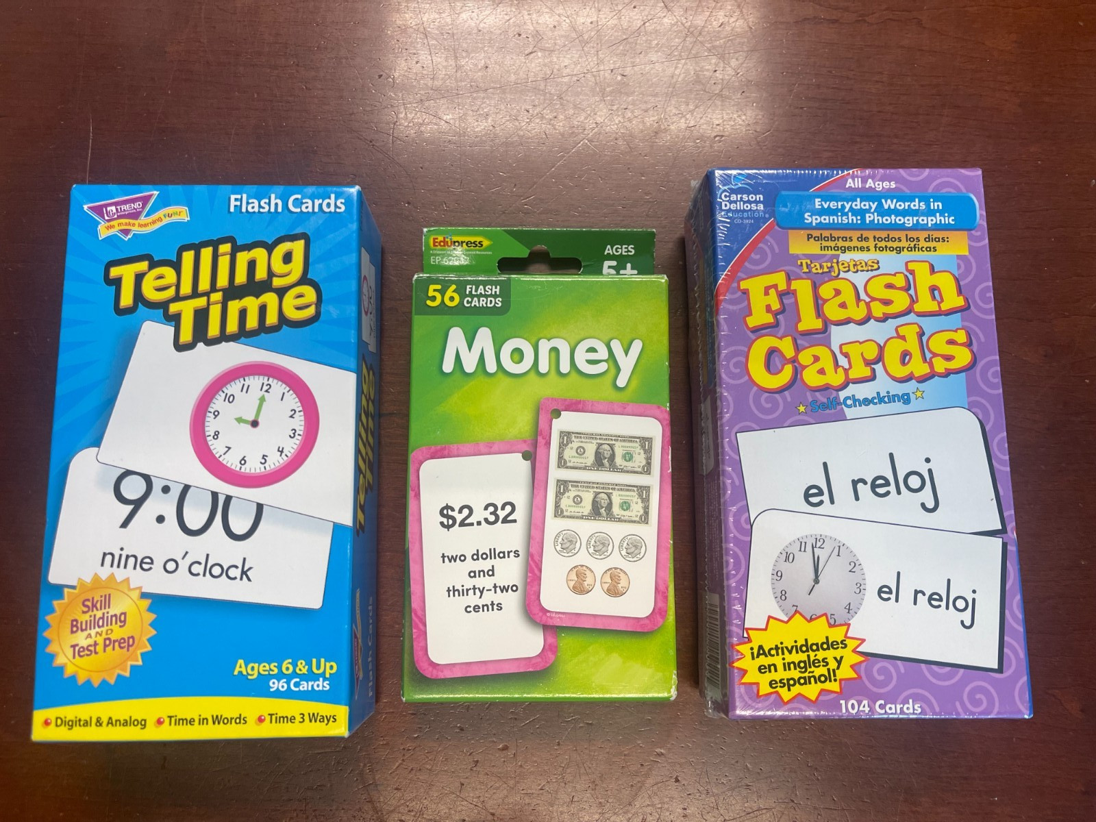 Educational flash cards-Learn Time, Money and Spanish