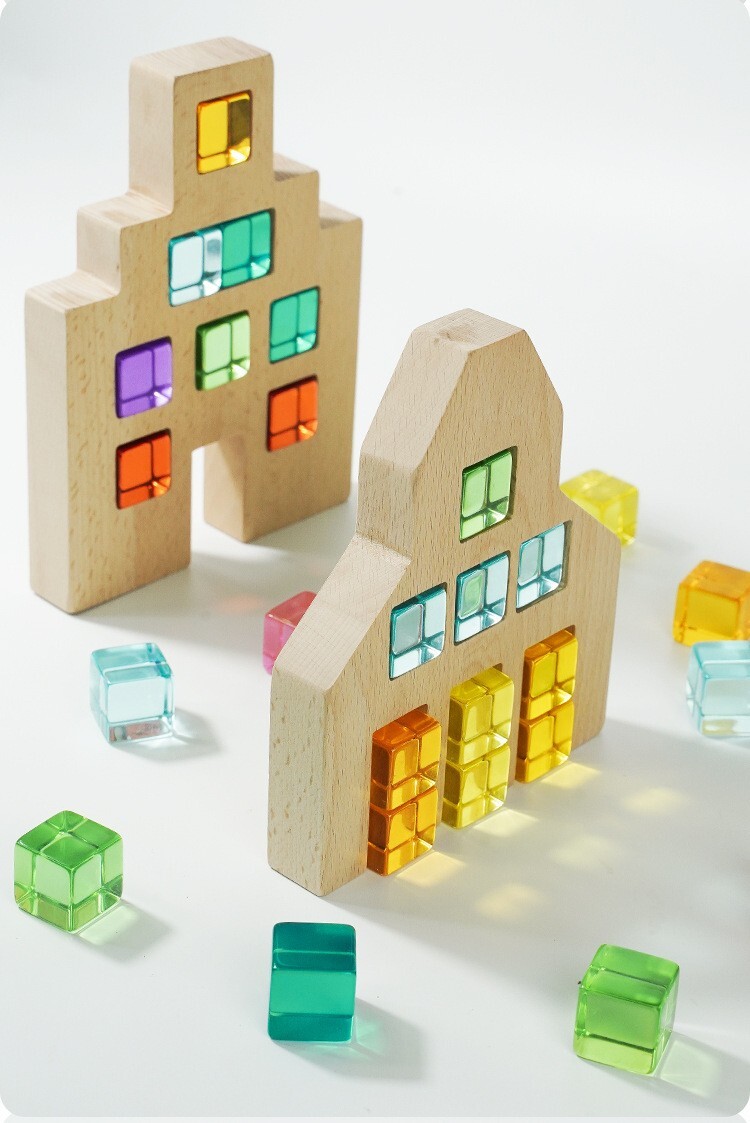 Dutch wooden houses with acrylic cubes, sensory toy set