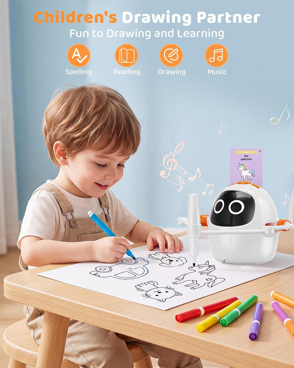 Drawing Robot for Kids 3-8 Rechargeable Interactive Montessori 200+ Cards 12 Pen
