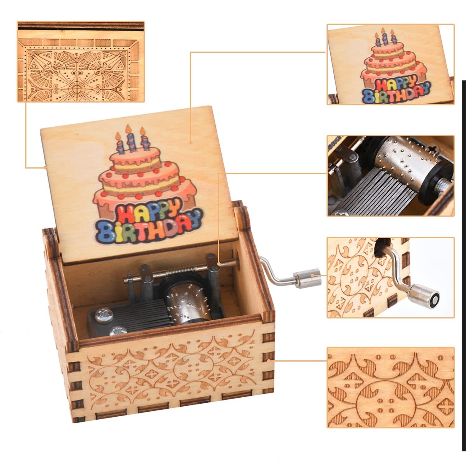 Wood Music Box, Wooden Hand Crank Musical Instrument with Melody Happy Birthd…
