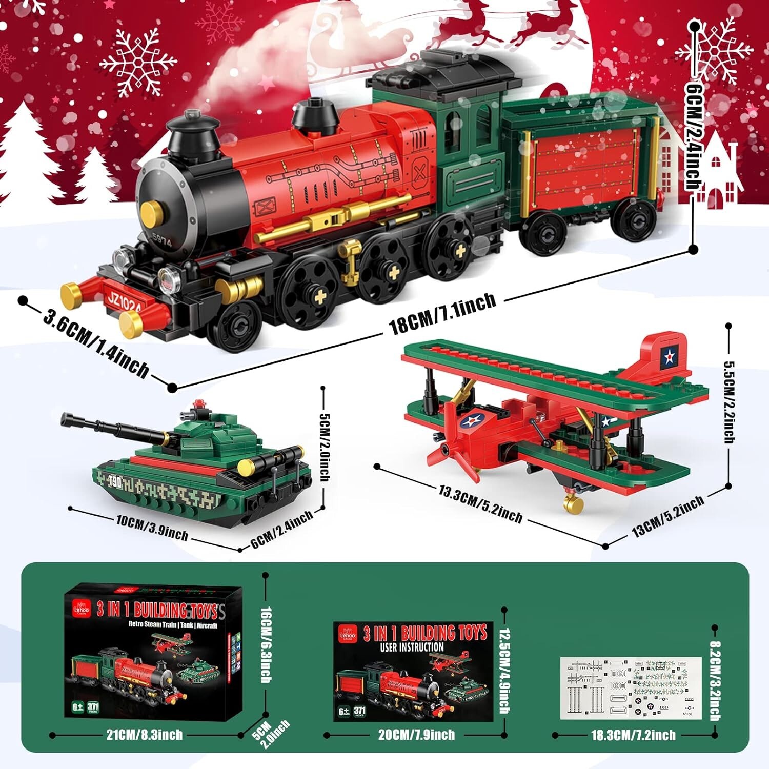 Train Set for Kids, Steam Train, Tank ,Airplane 371 Pieces