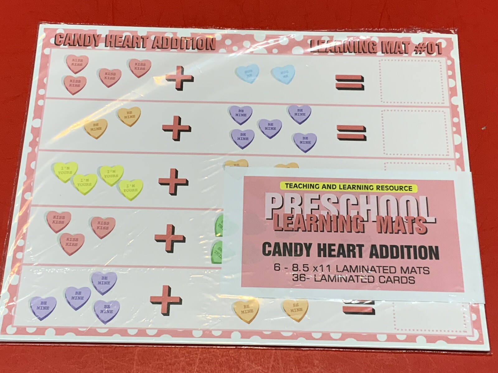 Candy Heart Addition – Set of 6 Learning Mats / Cards – Laminated Activity