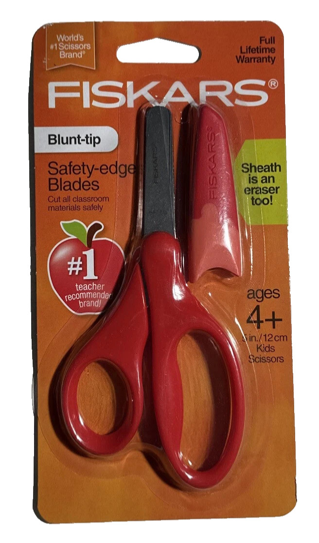 Fiskars Scissors 4+ Ages Safety Blunt tip Edge Blade Red with ERASER Sheath -NEW