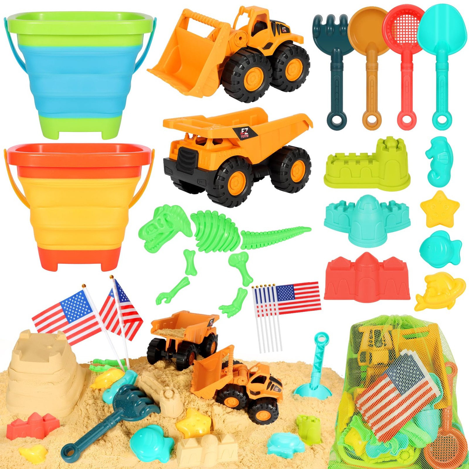 HUITEM Beach Sand Toys for Kids, 29PCS Sandbox with 2 Medium, Bright