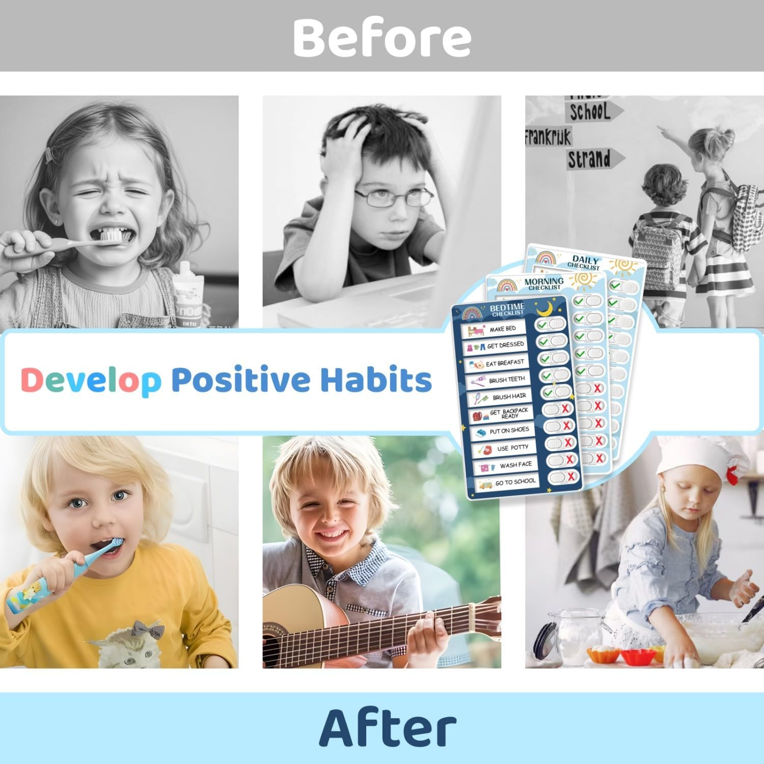 3 in 1 Bedtime/Morning/Daily Routine Chart for Kids, Magnetic Chore Chart for Ki