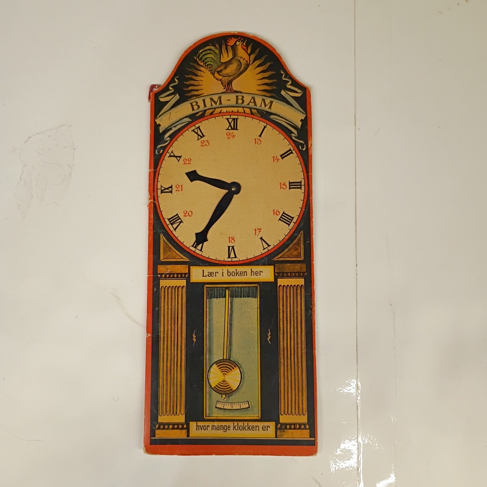 Vtg BIM-BAM Learning Clock Norwegian Cardboard Teaching Clock Rooster Wall Toy