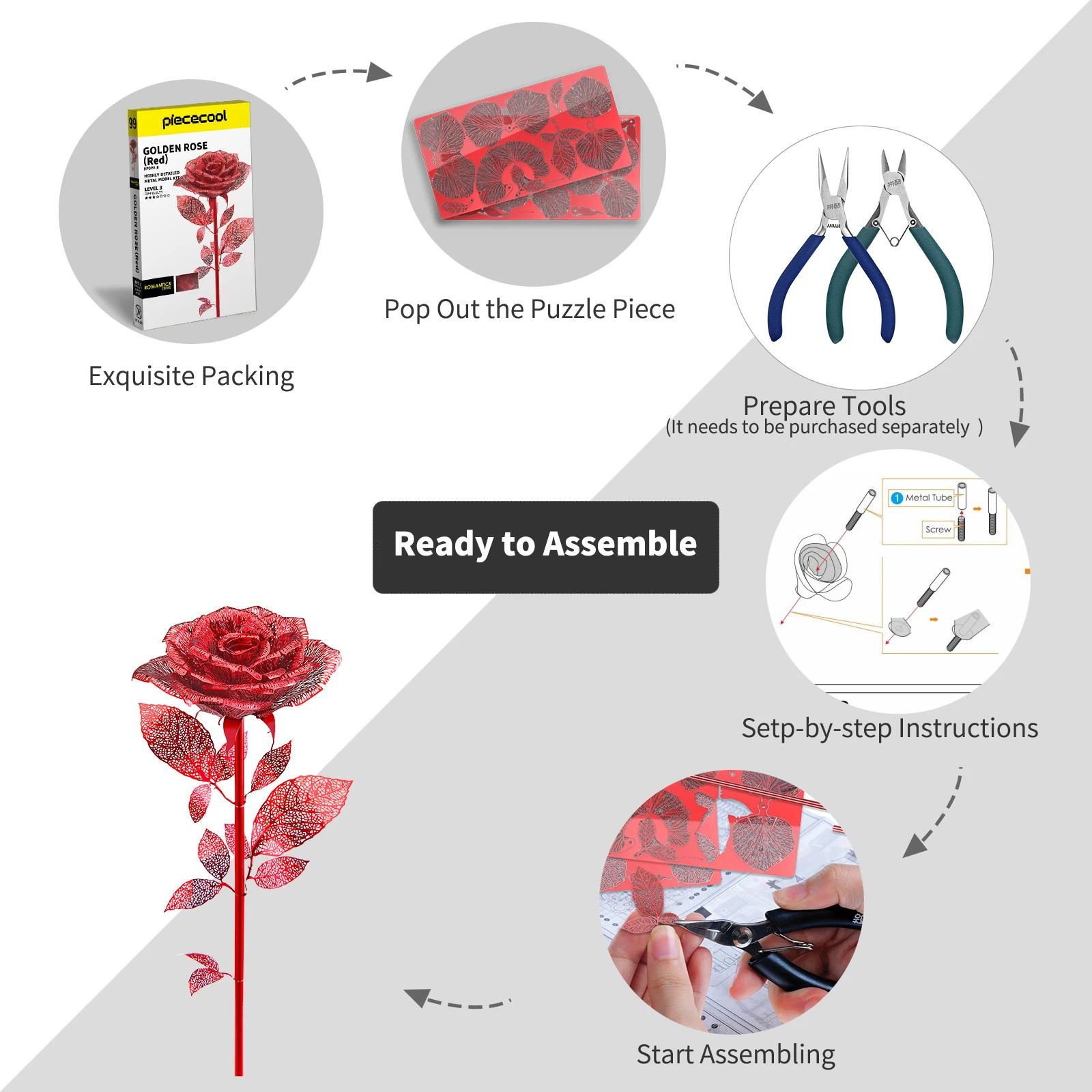 3D Metal Puzzle-Rose Model Building Kits Jigsaw Toy Adults Brain Teaser Gifts