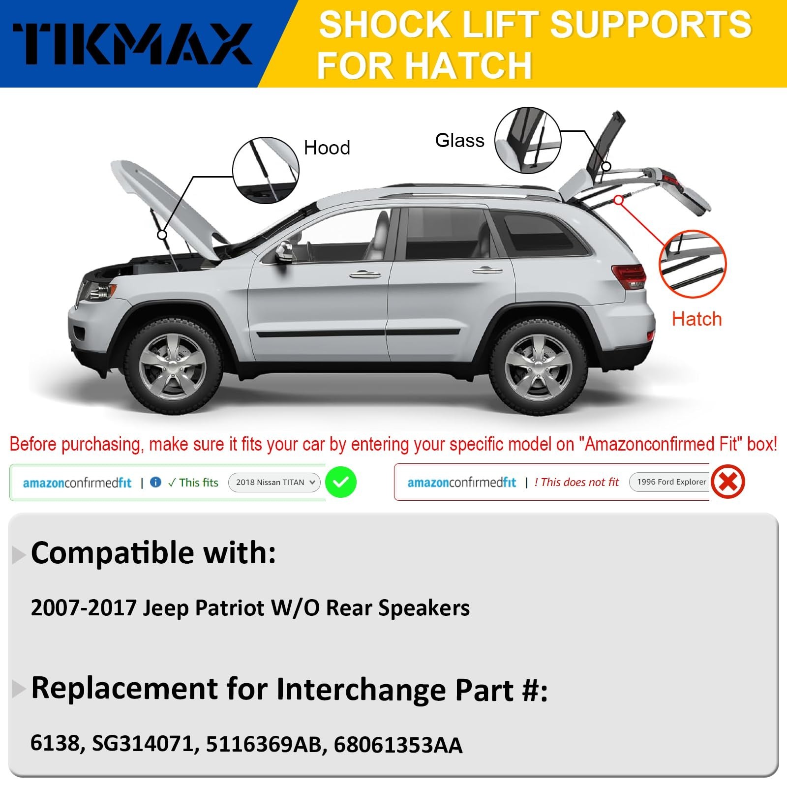 Rear Hatch Gas Struts for Jeep Patriot 2007-2017 W/O Rear Speakers on Liftgat…