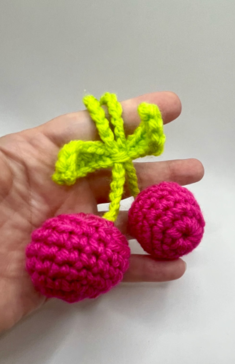 Crochet Cherry Keychain: Handmade Amigurumi Bag Charm – HOT PINK
