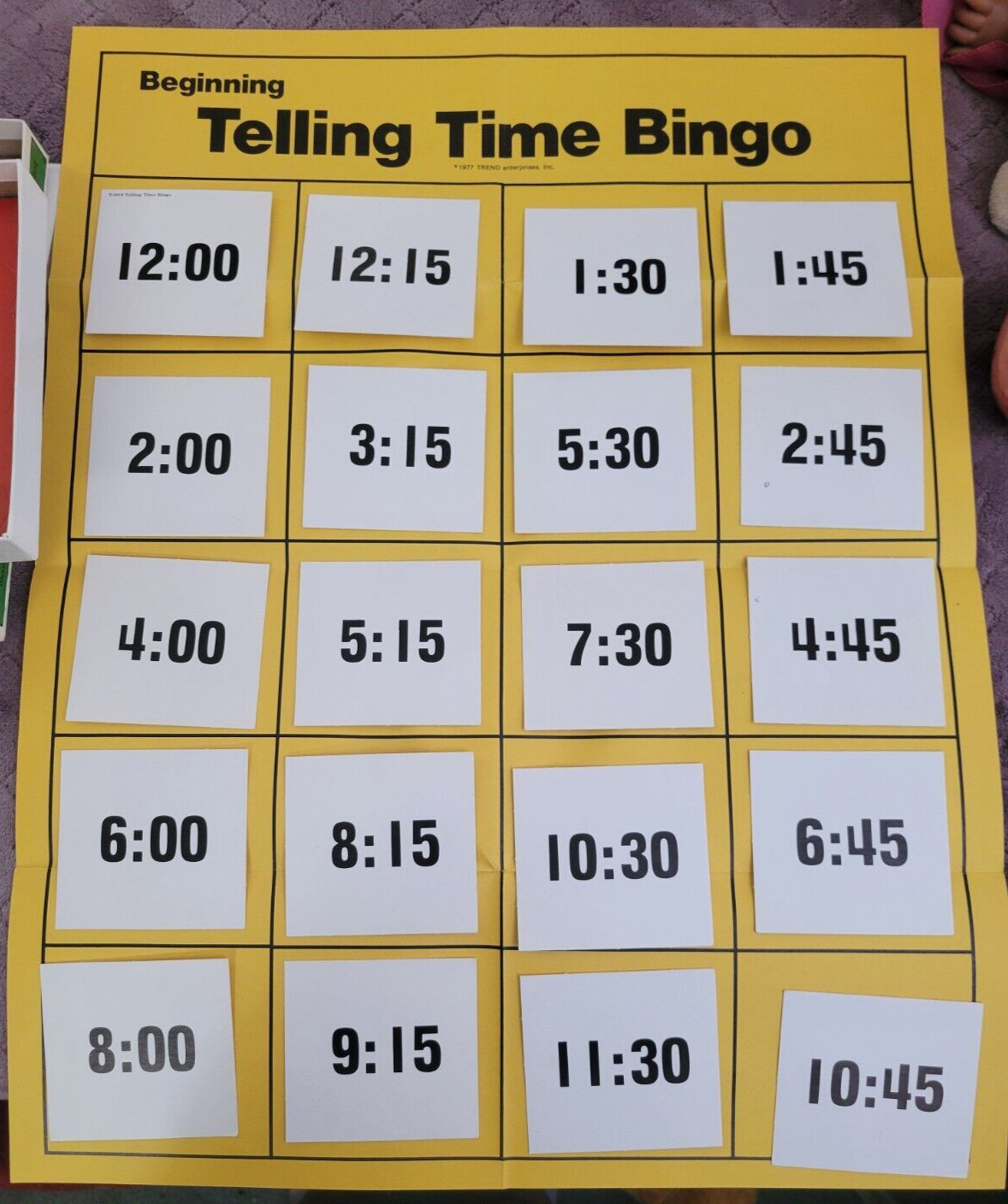 Vintage Trend Beginning Telling Time Bingo Complete – Active Learning -1977