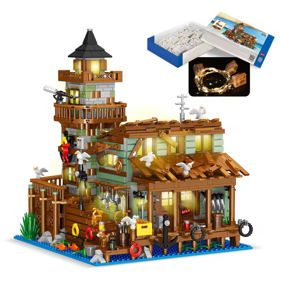 1881PCS Creative Fishing Village Cabin Building Blocks Seaport Wood House Assemb