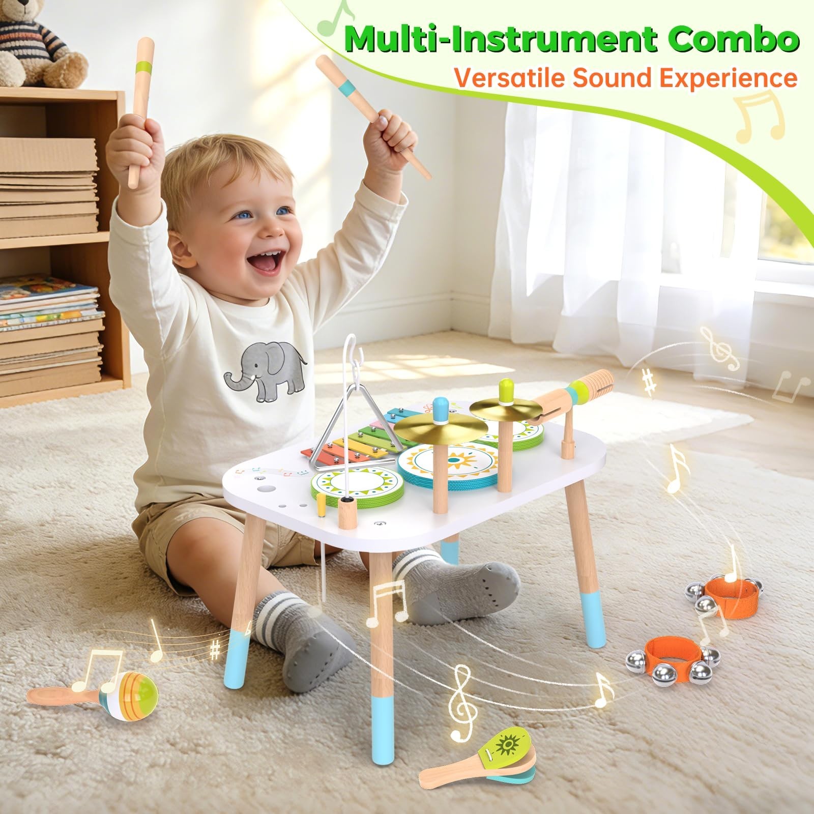12-in-1 Drum Set for Toddlers 1-3,Baby Musical Instruments Table ,Wooden…