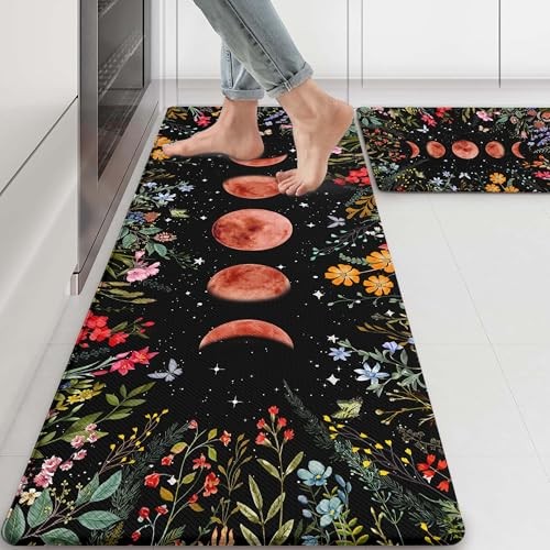 Kitchen Rug Mats for Floor Anti Fatigue Floral Boho Moon Kitchen Rugs Sets of 2