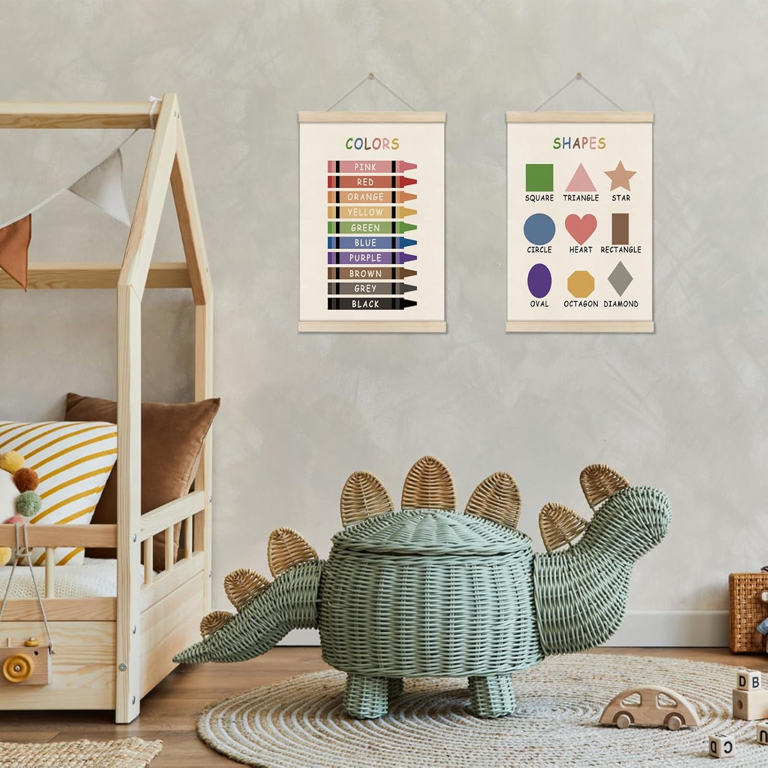 Colors Shapes Posters Hanger Frame, Educational Posters for Toddler Kids, Set of