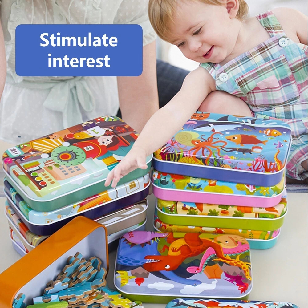 60Pcs Kids Wooden Puzzle Free Iron Box Early Learning Jigsaw Puzzle Toys