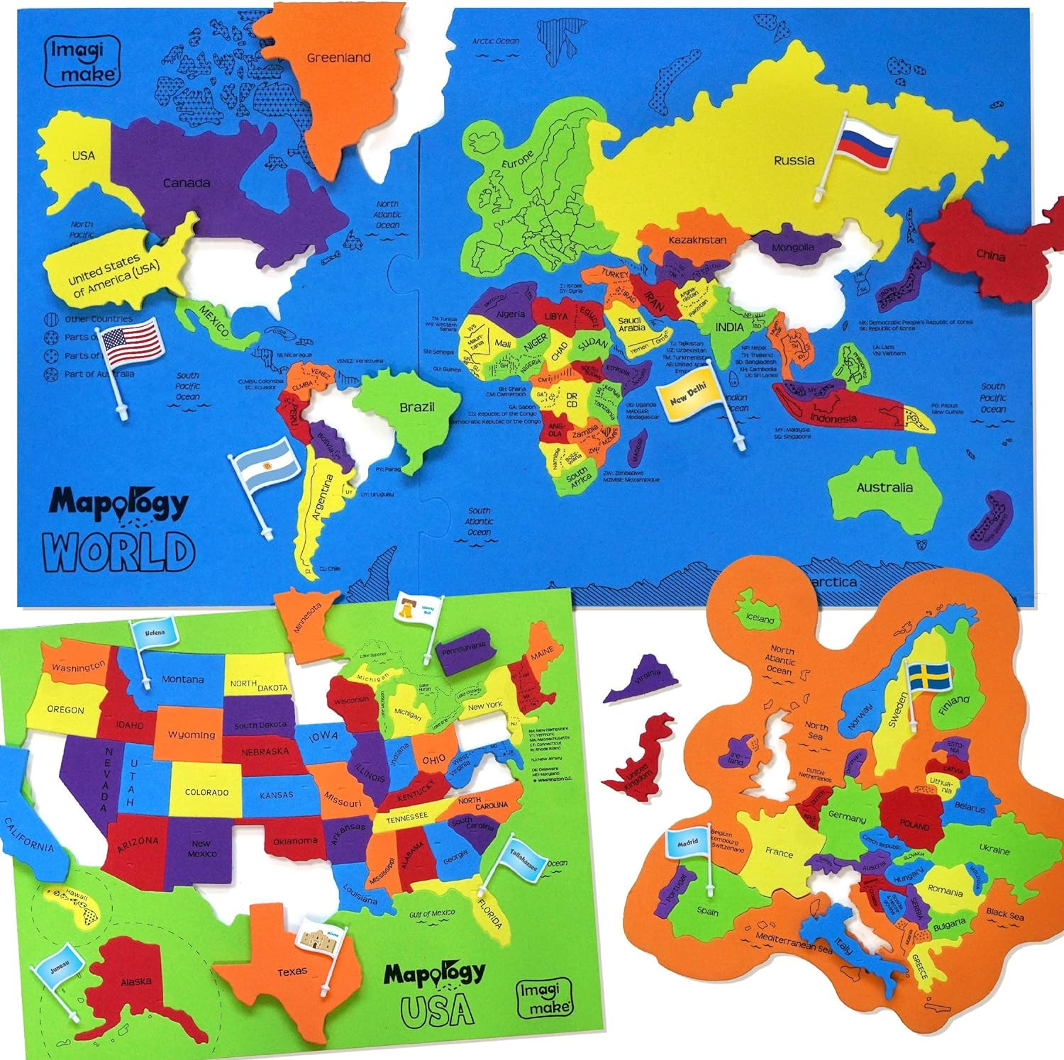Mapology USA & World Map Puzzle with Flags, Capitals, Stickers | Educational Toy