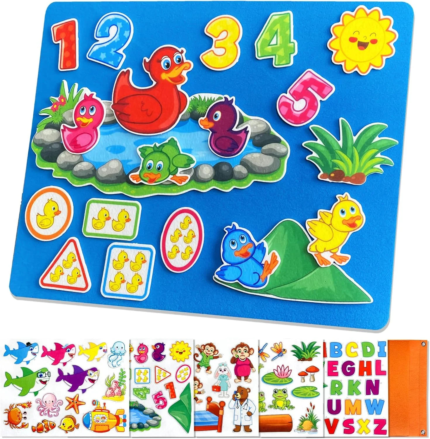 5 Set Felt Board Stories Pieces for Toddlers，1 Flannel Board With 5 Little Ducks