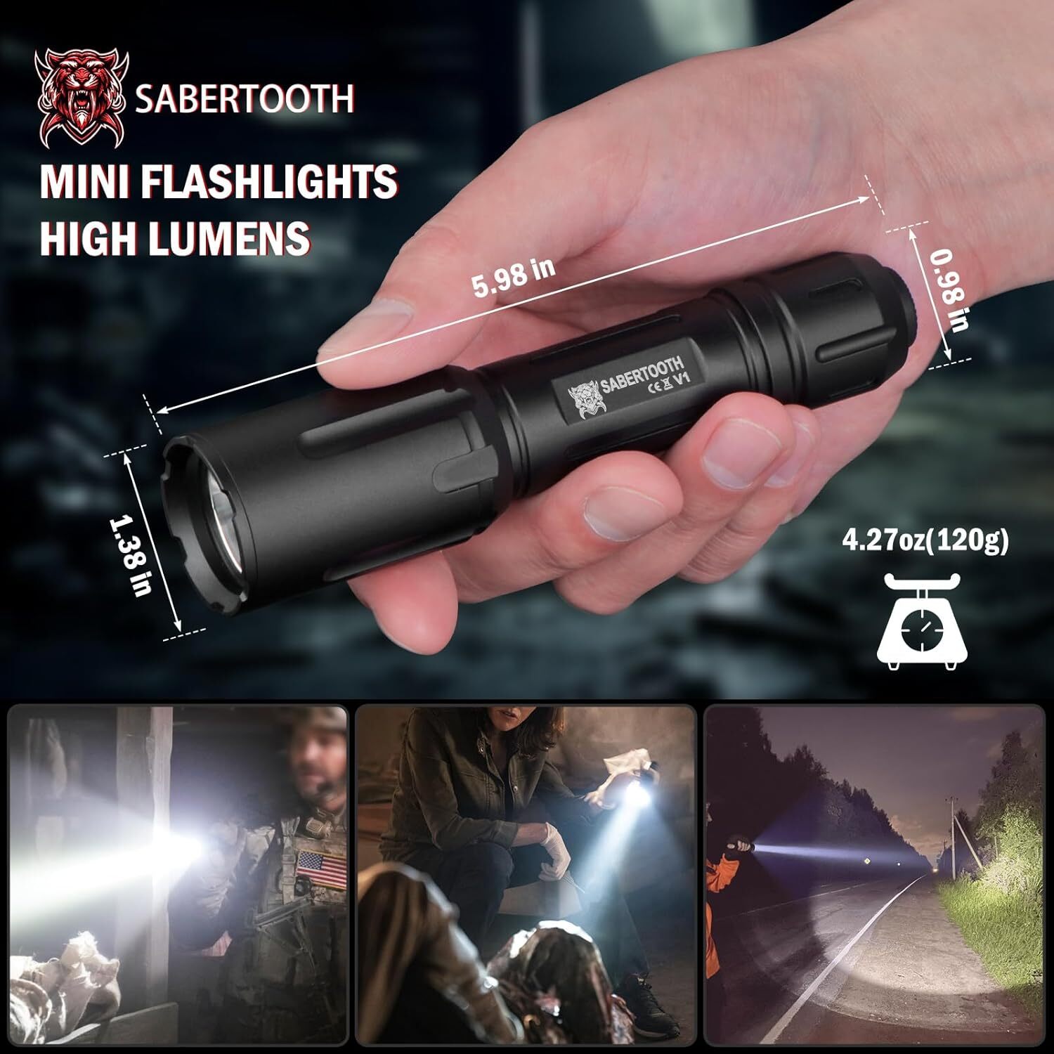 SABERTOOTH Police Tactical Flashlight-2200 High Lumen Duty Belt Flashlight for