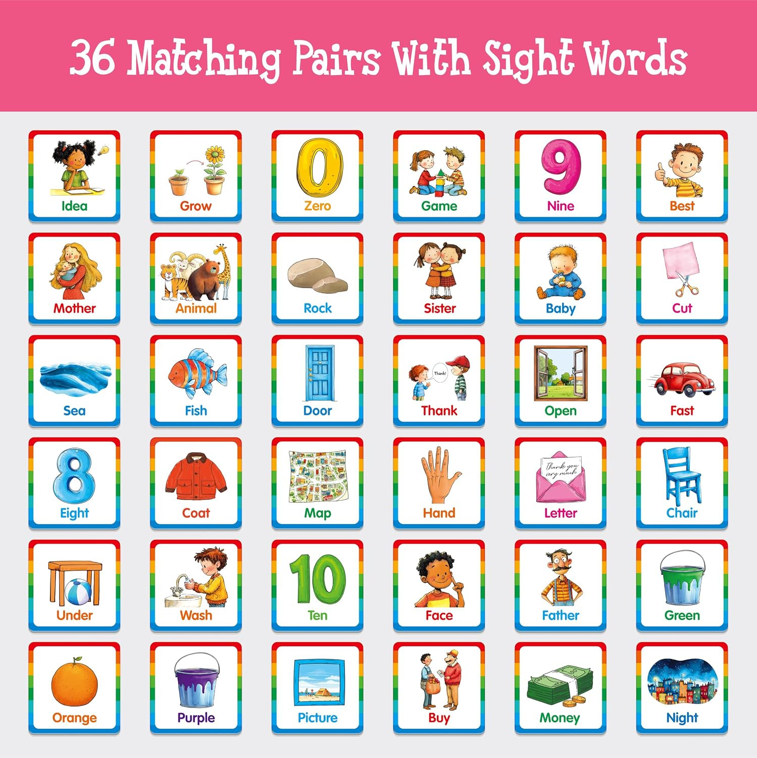 Memory Matching Game, 72 PCS Sight Words Matching Cards for Kids, 36 Pairs Memor