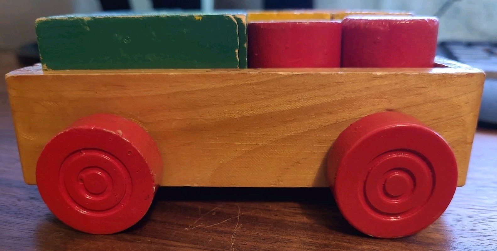 Vintage Wooden Pull Along Trailer Block Puzzle Montessori Waldorf Toy