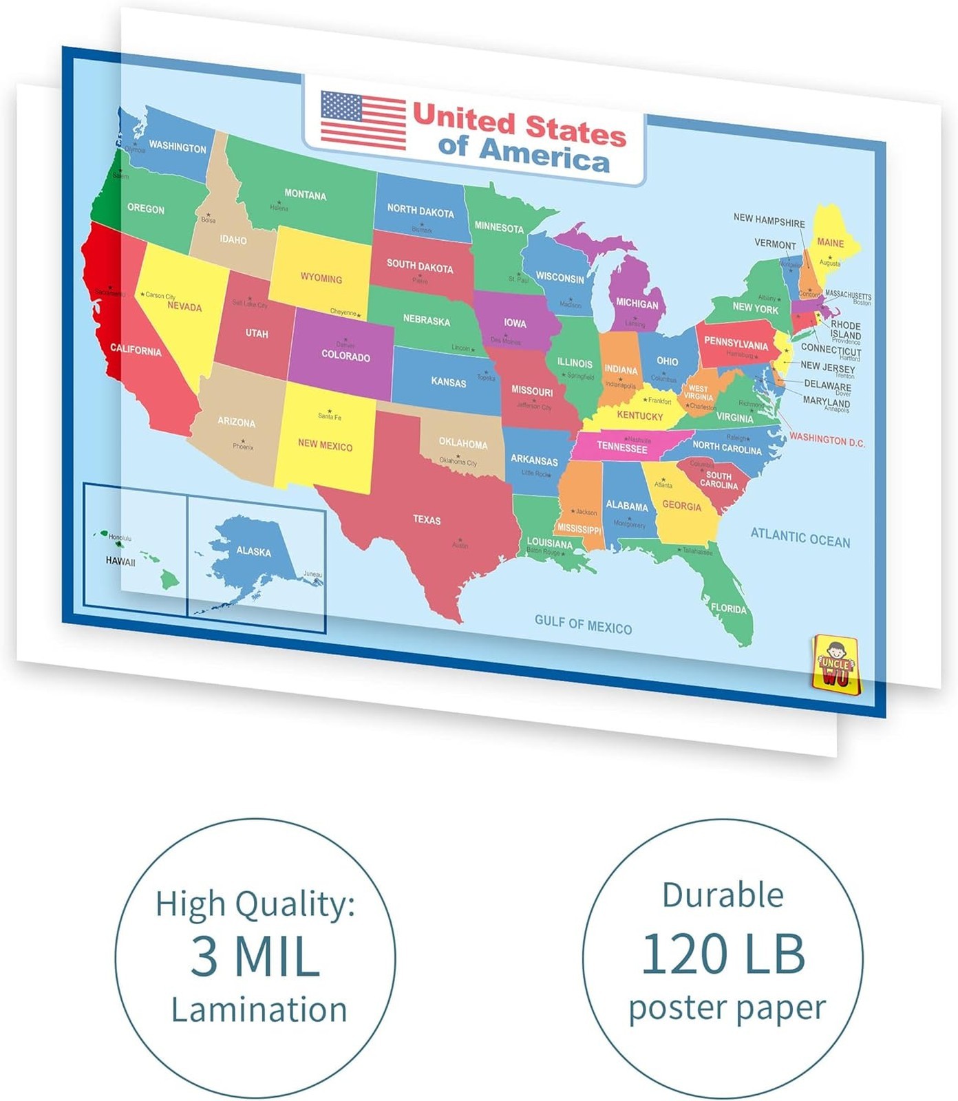 United States Map Educational Poster Dry Erase Laminated 17×23 Inch Waterproof