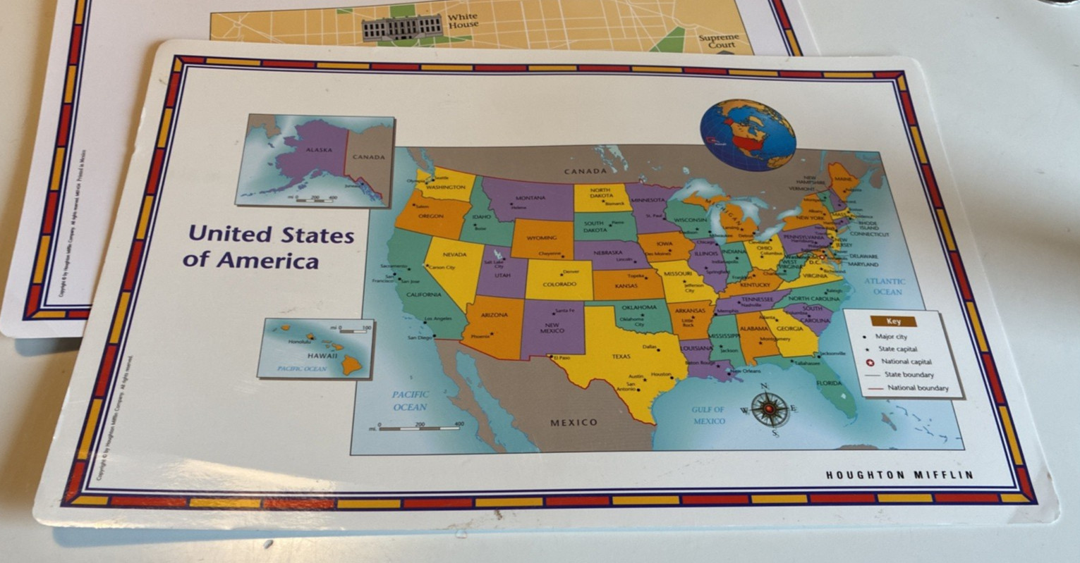 Set of 2 Houghton Mifflin Countries World Double Side Map 11”x17”, Downtown DC