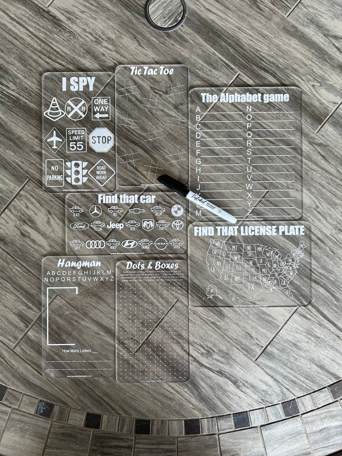Acrylic Dry Erase Car Game Boards, Engraved Vehicle Travel Games, I Spy,