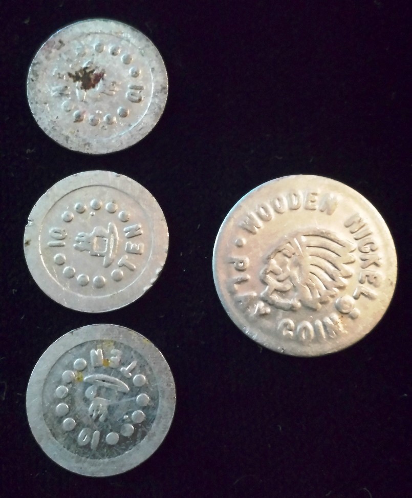 Interesting Lot of 4 Miniature Aluminum Play Coins 3-Dimes / 1-“Wooden Nickel”