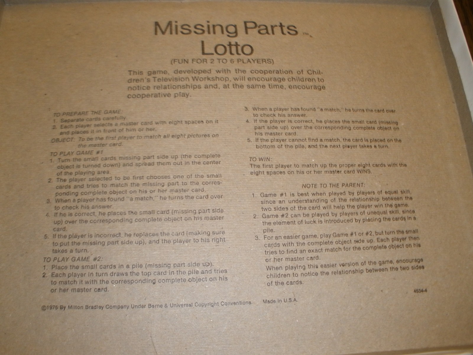 Vintage 1975 Sesame Street Muppets Missing Parts Lotto Game MB COMPLETE