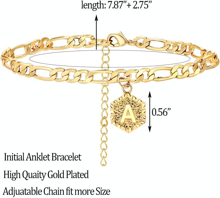 Gold Initial Anklet for Women Dainty 14k Gold Anklets Alphabet Letter Cuban Link