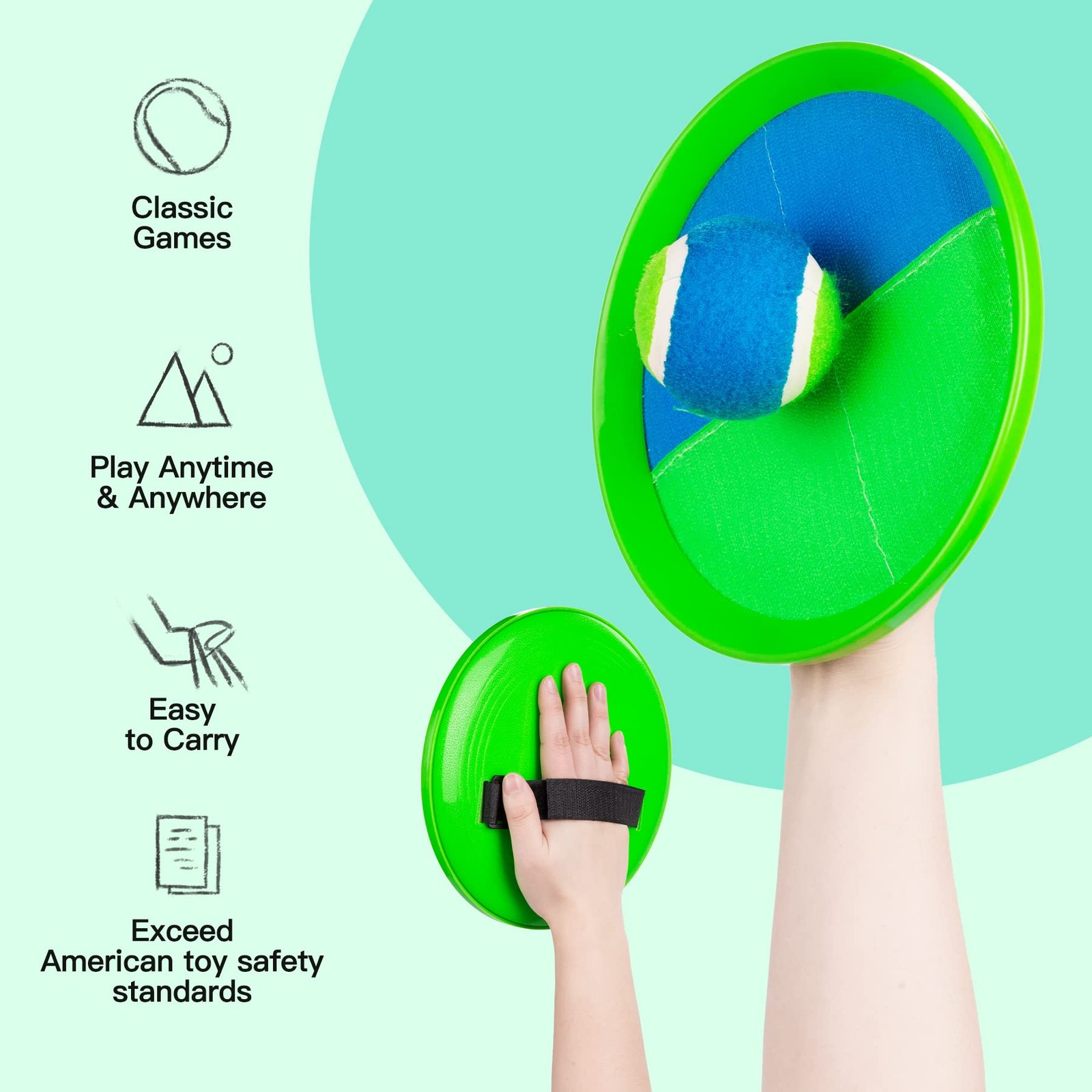 EVERICH TOY Upgraded Toss and Catch Ball Game 4 paddles 4 balls, Blue Green