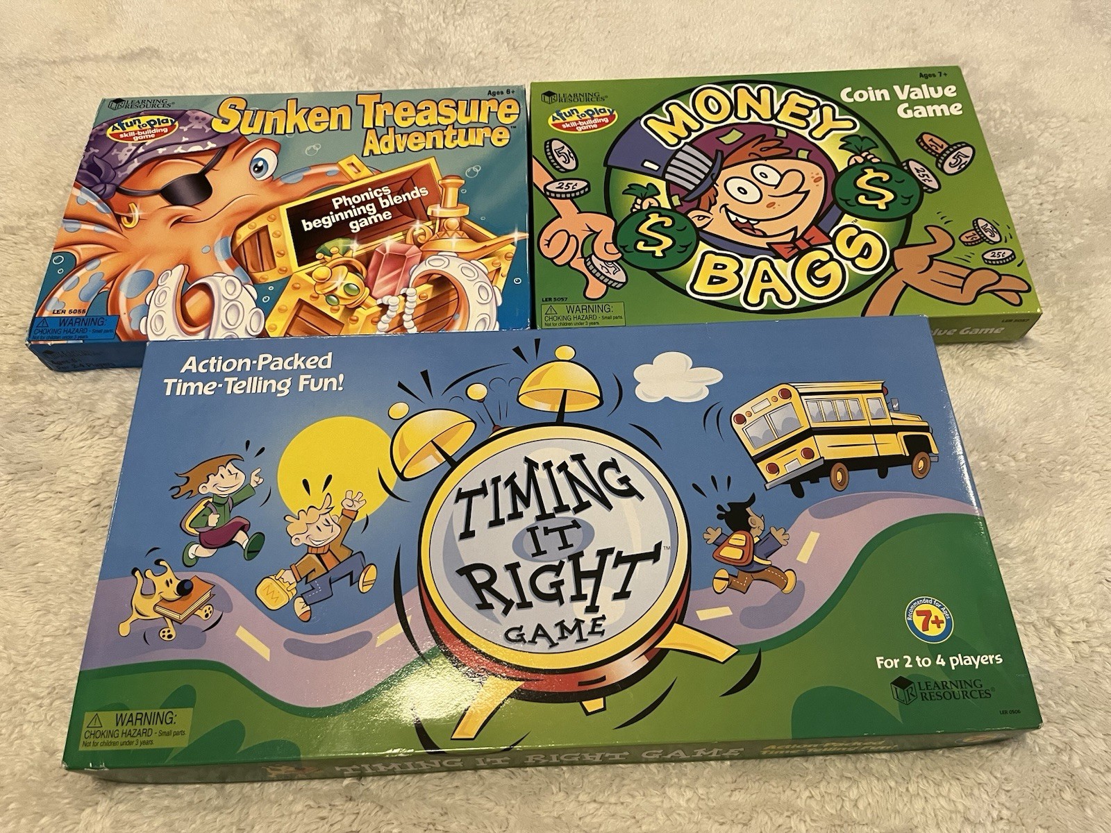 3 Learning Resources Board Games – Timing It Right, Money Bags, Sunken Treasure