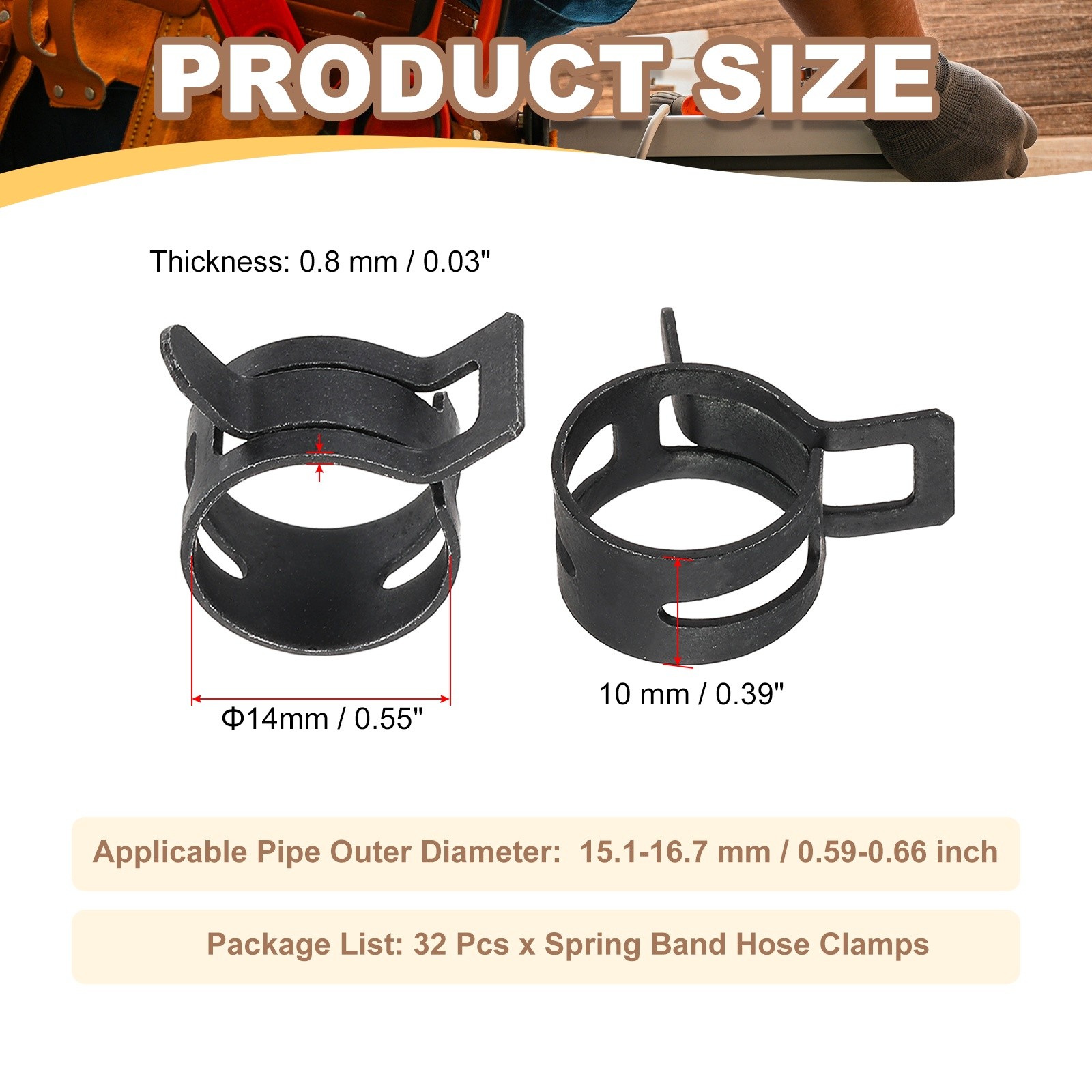 32 Pcs Spring Band Hose Clamps for 15.1-16.7mm OD 0.6″(14mm) ID Black