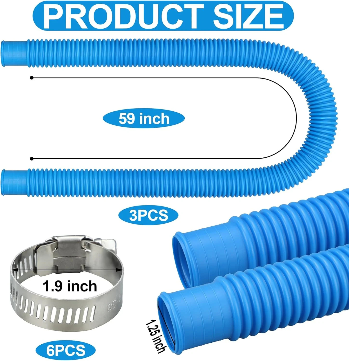 3 Pack Pool Hoses for Above Ground Pools 1.25 x 59 Inch Swimming Pool Pump Repla