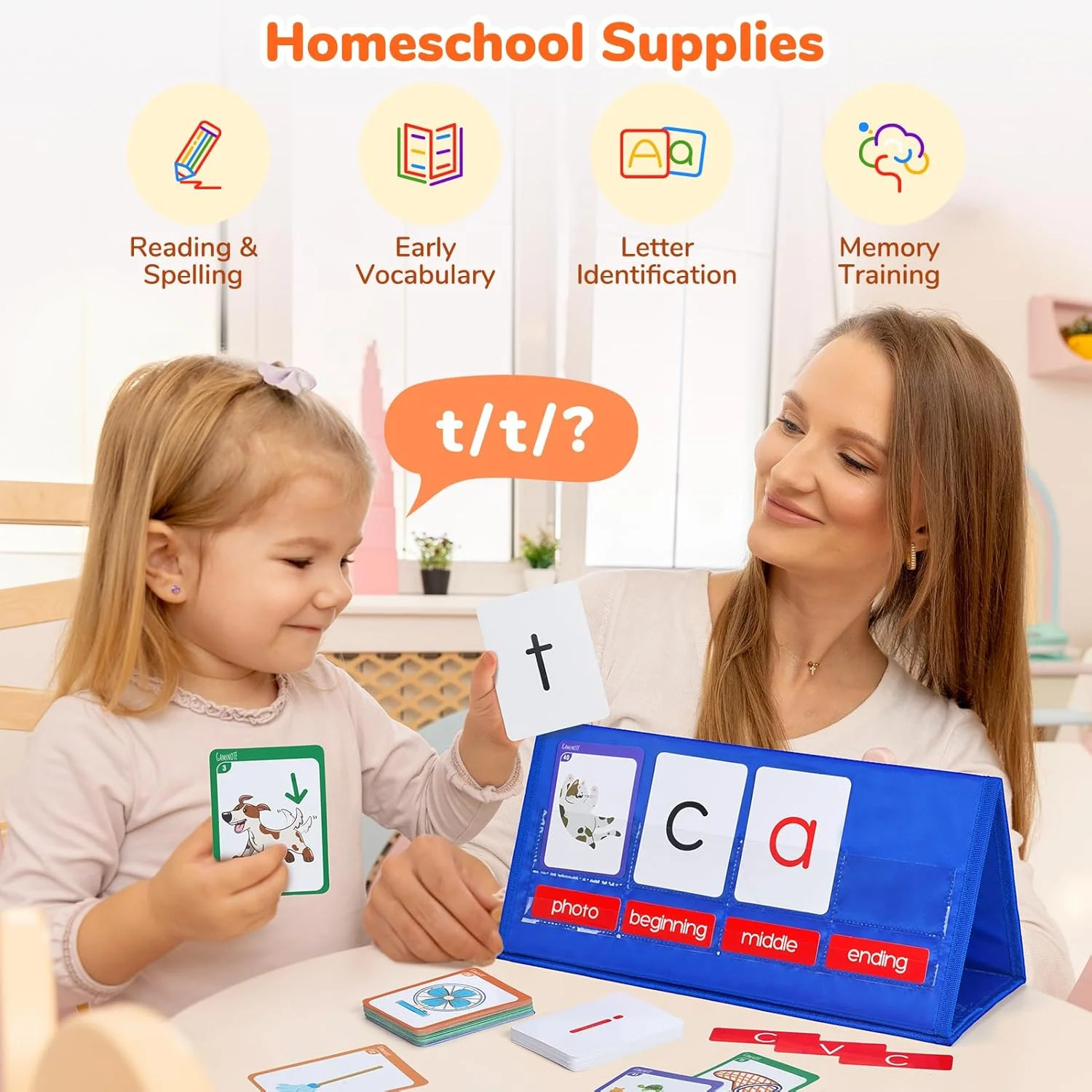 Gamenote Word Building Desktop Pocket Chart Tent Flash Cards Kit – CVC Words Pho
