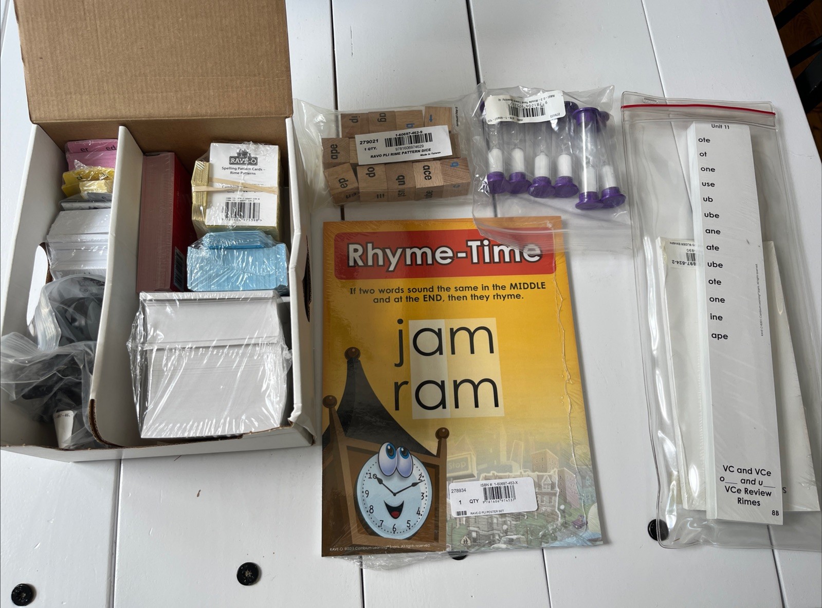 Rave-O Home School Learning Aid Lot Rhymes Dice Cards Magnifying Glass, Time