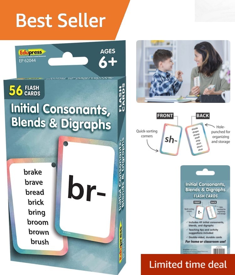 56 Durable Initial Consonants, Blends & Digraphs Flash Cards for Language Skills