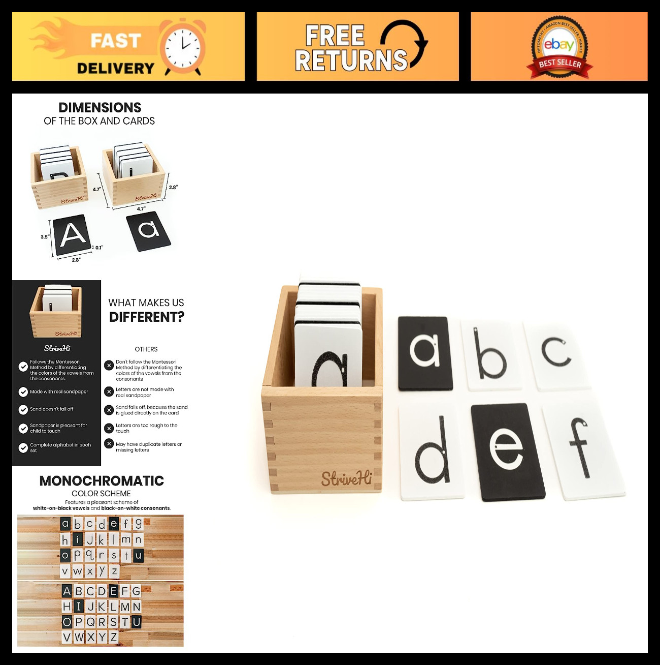 Montessori Sandpaper Letters Set – Tactile Lowercase Alphabet Cards for Sensory