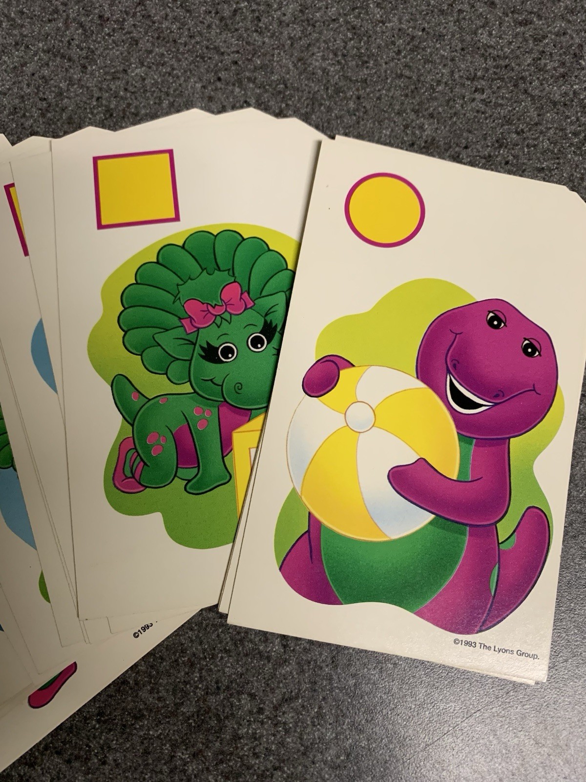 Vintage Barney Baby Bop 1993 Shapes Colors 48 4×6 Flash Cards Milton Bradley